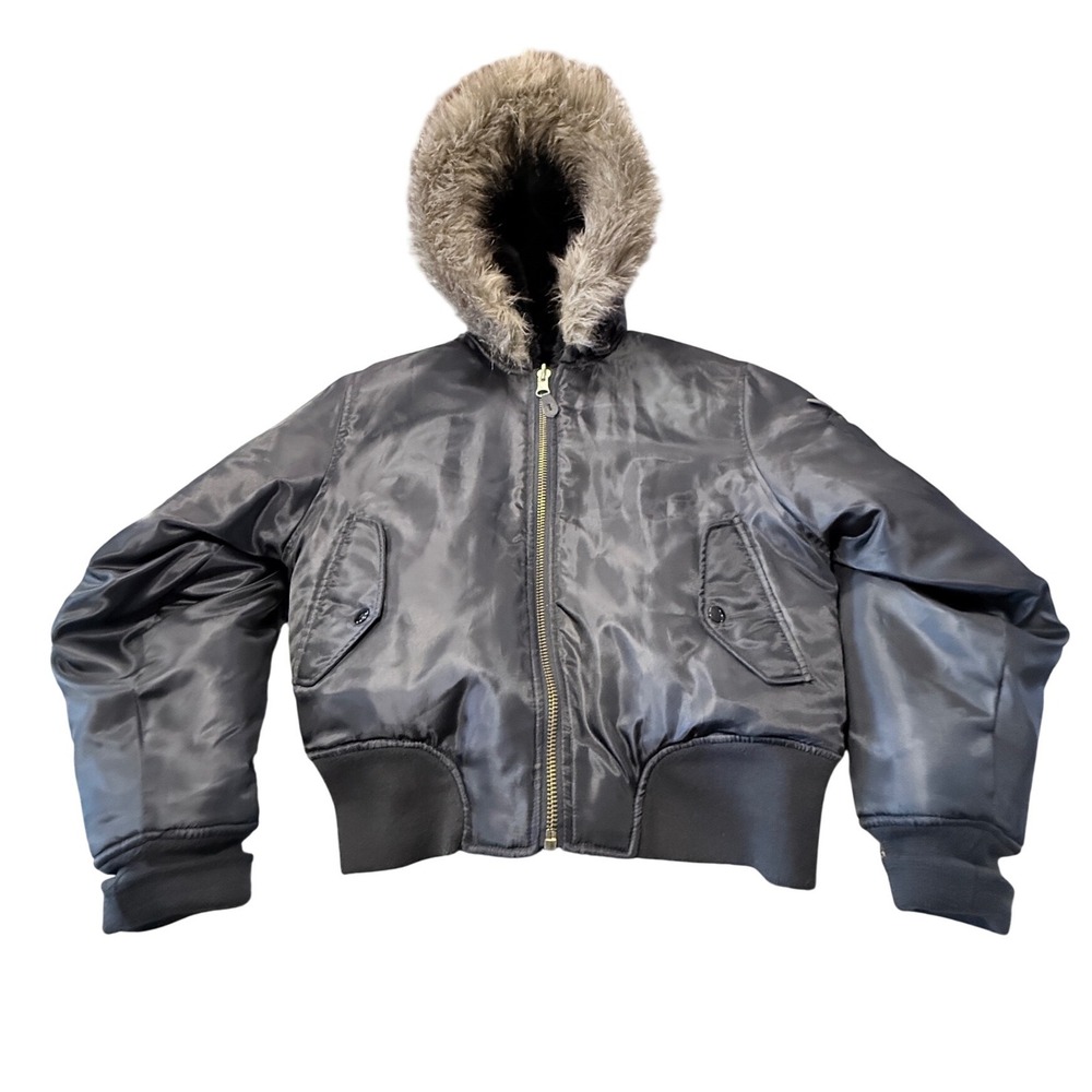Black Faux Fur Lined Hooded Flight Bomber Jacket Satin Finish Winter Coat